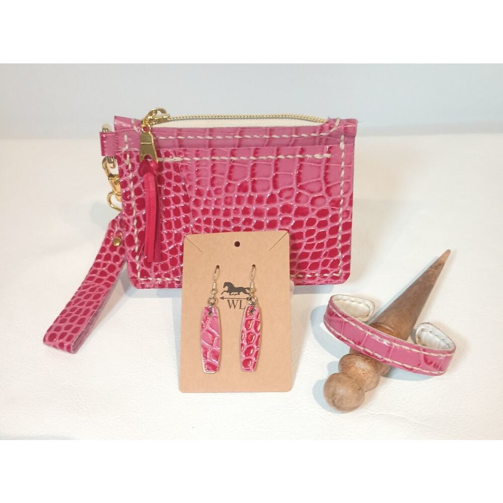 Handmade 100% Leather Pink Alligator Print Zip Wallet, Bracelet, & Earrings